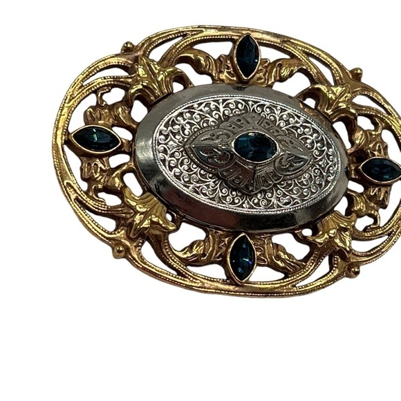 Gold Silver Blue Stone Scroll Western Brooch Pin Vintage - Picture 4 of 6